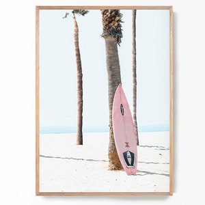 Póster de surf, fotografía de playa, arte de pared rosa de California, impresión bohemia en colores pastel, impresión de surf con envío y correo, arte de pared asequible, arte de pared con olas