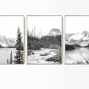 Black White Mountain Lake Poster Modern Nature Set of 3 Lake Louise Print Landscape Wall Set Banff Print Nordic Nature Living Room Prints