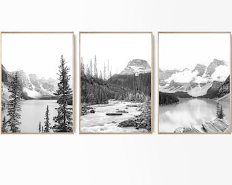 Black White Mountain Lake Poster Modern Nature Set of 3 Lake Louise Print Landscape Wall Set Banff Print Nordic Nature Living Room Prints