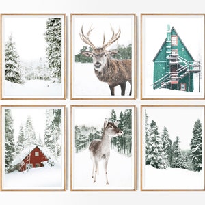 Christmas Wall Art Set of 6 Large Winter Prints Log Cabin Poster Snowy Set Of 6 Piece Gallery Print Moose Christmas Decor Snowy Landscape