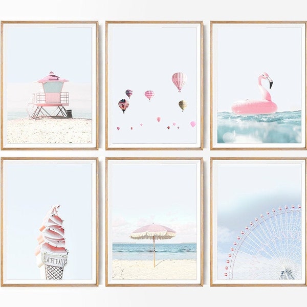 Beach Print Set of 6 Summer California Beach Nursery Prints Coastal Prints Set Teen Girl Room Decor Pastel Pink Beach Art Set Santa Monica