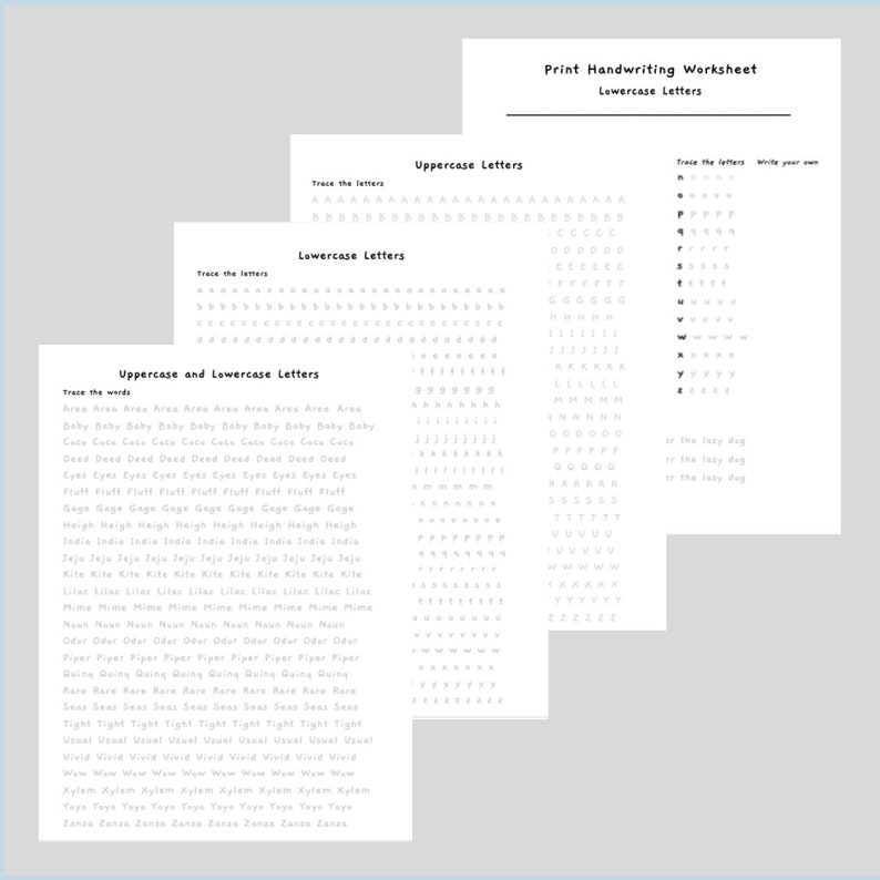 May include: A printable handwriting worksheet for kids to practice tracing uppercase and lowercase letters. The worksheet includes a section for tracing the letters and a section for writing the letters on their own. The worksheet also includes a section for tracing words with the letters A through Z.