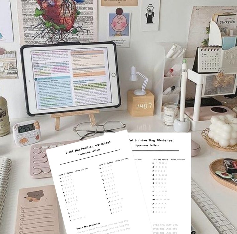 May include: Two printable handwriting worksheets for practicing lowercase and uppercase letters. The worksheets include tracing exercises for each letter and sentences to practice writing.
