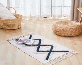 Boho Area Rug, Bedroom Rug, Bohemian Accent Rug, Home Decor, White Washable Floor Carpet Cotton Linen Rug With Tassel