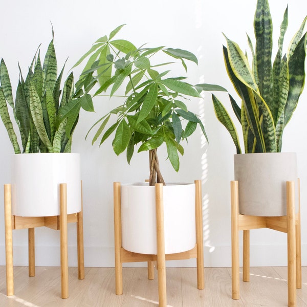 Soporte de planta ajustable Soporte de maceta de bambú de mediados de siglo / Decoración interior del hogar / Maceta de madera / Soporte de planta alto de 8 "- 12"