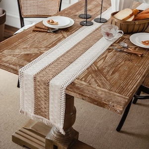 Boho Table Runner, Rustic Table Runner, Cotton Linen Crochet Table Decor, Modern Dining Table, Bohemian, Wedding Decor, Housewarming Gift