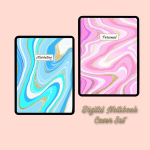 May include: Two digital notebook covers with abstract marble designs. The left cover is blue and white with gold glitter and the text "Marketing". The right cover is pink and white with gold glitter and the text "Personal". The text "Digital Notebook Cover Set" is below the covers.