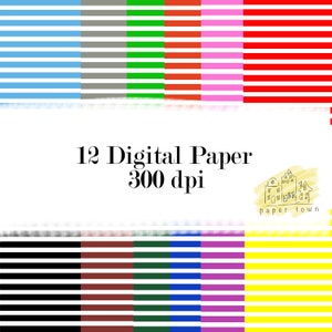 May include: Twelve digital paper patterns in a variety of colors and stripes. The patterns include blue, gray, green, red, pink, black, brown, dark green, blue, purple, yellow, and white. The image includes the text "12 Digital Paper 300 dpi".