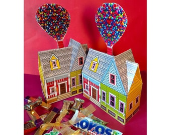 printable Balloon House Favor Box DIY UP baby shower Craft cutout cupcake cookie Colorful House  party favor centerpiece up craft house