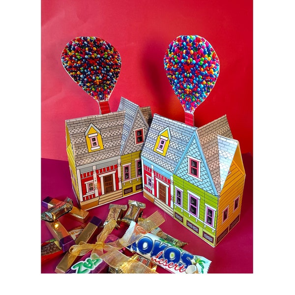 printable Balloon House Favor Box DIY UP baby shower Craft cutout cupcake cookie Colorful House  party favor centerpiece up craft house
