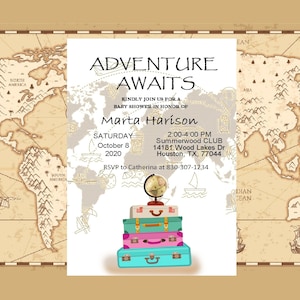 Personalized Adventure Awaits Baby Shower Invitation Invite travel Traveling Girl Boy Baby Shower Woodland Baby Shower oil Mountain Invites