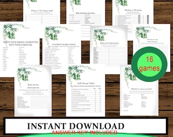 Greenery Baby Shower Games bundle Printable, Baby Shower Game Idea, Baby Shower Instant Download, Party Game, Baby Shower Game Package