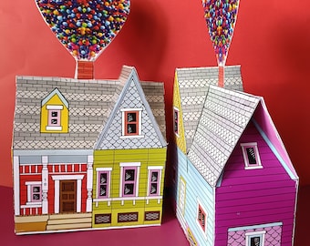Scatola regalo a forma di casa di palloncini: modello fai da te in carta ispirato al film UP (download digitale)