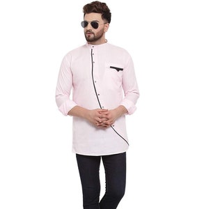 Stylish Pink Cotton Men Casual Kurta Shirt | Handmade Designer Ethnic Traditional Kurta With Pocket | Basic Summer Kurta Tops