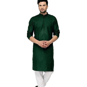 Handcrafted Men&#39;s Cotton Bottle Green Kurta with Pajama | Elegant Bollywood Bliss  Men&#39;s Long Cotton Kurta for Party Wear
