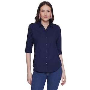 Blusa de algodón azul marino con botones para mujer, camisa informal elegante para oficina con mangas 3/4, blusa de corte regular para uso diario minimalista.