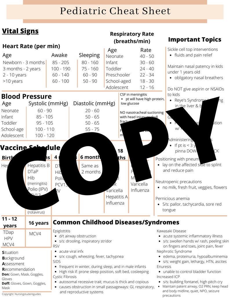 Pediatric Cheat Sheet Nursing School Clinical Study Etsy Ireland
