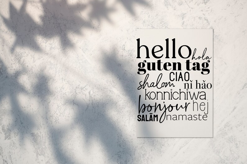 May include: A white card with the words "hello", "guten tag", "hola", "ciao", "shalom", "ni hao", "konnichiwa", "bonjour", "hej", "salām", and "namaste" written in black.