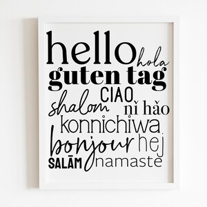May include: Black and white printable wall art with the words "hello", "hola", "guten tag", "ciao", "shalom", "ni hao", "konnichiwa", "bonjour", "hej", "salam", and "namaste" in a layered, overlapping design.