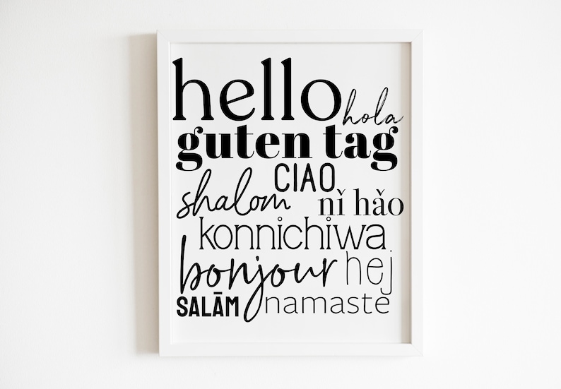 May include: Black and white printable wall art with the words "hello", "hola", "guten tag", "ciao", "shalom", "ni hao", "konnichiwa", "bonjour", "hej", "salam", and "namaste" in a layered, overlapping design.