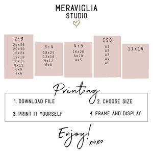 May include: A printable guide for choosing the right size for your art prints. The guide includes a variety of standard sizes, including 2:3, 3:4, 4:5, ISO, and 11x14. The guide also includes instructions for downloading, printing, and framing your prints.