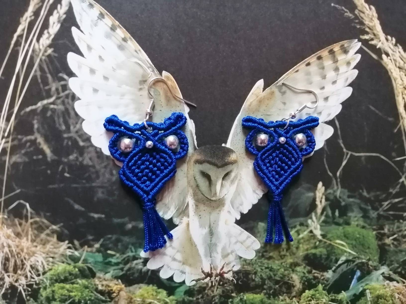 Boucles d'oreilles en Macramé Tissées à La Main Forme de Chouette Protectrice avec Les Yeux et Le Be