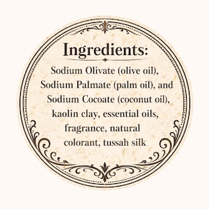 May include: A circular label displaying the word "Ingredients". The label lists the ingredients: Sodium Olivate (olive oil), Sodium Palmate (palm oil), Sodium Cocoate (coconut oil), kaolin clay, essential oils, fragrance, natural colorant, and tussah silk.