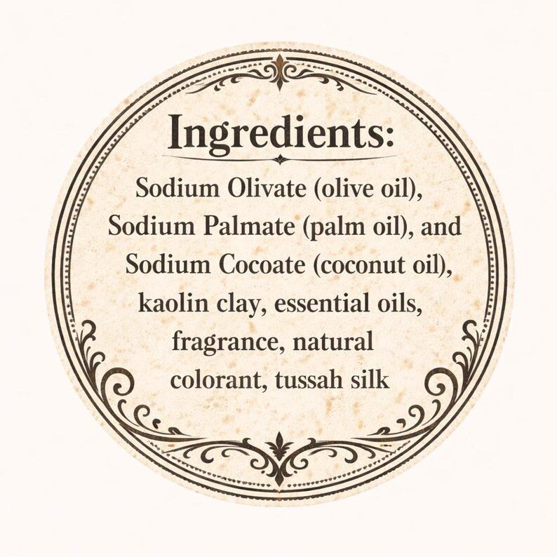 May include: A circular label displaying the word "Ingredients". The label lists the ingredients: Sodium Olivate (olive oil), Sodium Palmate (palm oil), Sodium Cocoate (coconut oil), kaolin clay, essential oils, fragrance, natural colorant, and tussah silk.
