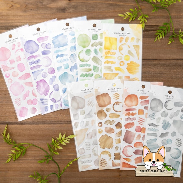 1 or 3 pc set | Mind Wave | WATERCOLOR Tracing Paper Stickers | Pink - Purple - Blue - Green - Yellow - Beige - Brown - Terracotta - Gray