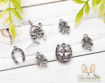 2 pc set | Good Luck Charm Pendants | Four Leaf Clover - Shamrock- Wishbone -  Lucky Horseshoe | St Patrick’s Day Accessory | Antique Silver