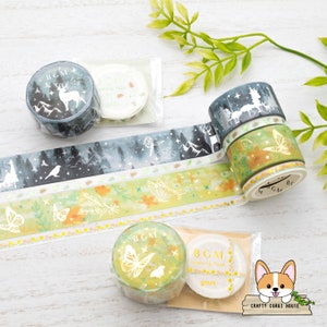 1 rol | 5 mm of 20 mm | Achtergrondmuziek | NATUURPOZIE Folie Washi Tape | Tuin - bloemenveld - bos - bladverliezend blad