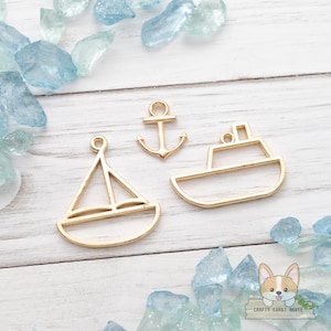3 pc set | Boat Open Bezel Charms | Anchor Charms | Nautical Pendant | Sea Life Accessory | DIY Jewelry | Gold