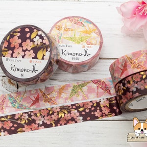 1 roll | 15mm | Kamiiso Saien KIMONO | HANA and YUU Series Gold Foil Yuzen Washi Tape | Origami Crane - Sakura (Cherry Blossom)