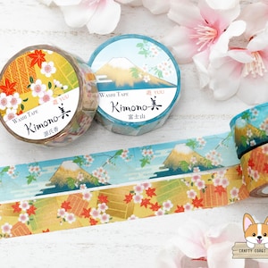 1 roll | 15mm | Kamiiso Saien KIMONO | YUU Series Gold Foil Yuzen Washi Tape | Mt Fuji - Genjiko
