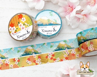 1 or 2 pc set | 15mm | Kamiiso KIMONO | YUU Series Gold Foil Yuzen Washi Tape | Mt Fuji - Genjiko