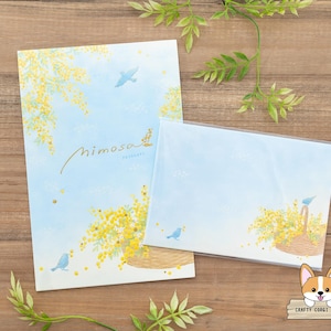 10 hojas 4 sobres / NB / CARTA DE PRIMAVERA Juego de bloc de cartas y sobres A5 con lámina dorada / Cesta de flores Mimosa