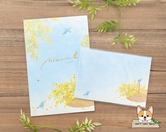 10 arkuszy 4 koperty | NB | SPRING LETTER Złota folia A5 Notatnik i zestaw kopert | Kosz kwiatów Mimosa