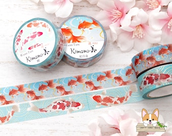 1 or 2 pc set | 15mm | Kamiiso KIMONO | YUU Series Gold Foil Yuzen Washi Tape | Red-White Goldfish - Carp (Koi)