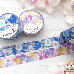 1 roll | 15mm | Kamiiso Saien KIMONO | HANA Series Gold Foil Yuzen Washi Tape | Tsujiga Flower A (Blue) - Tsujiga Flower B (Purple)