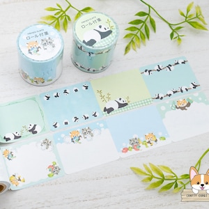 100 hojas / Papier Platz x MILINA / Notas adhesivas en rollo de animales / Love Panda - Love Washing (Panda rojo y mapache)