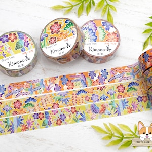 1 roll | 15mm | Kamiiso KIMONO | OKINAWA Series Gold Foil Yuzen Washi Tape | Sparrow Cloud - Sakura Pine - Paulownia Hollyhock
