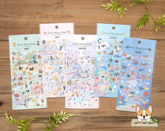 1 or 2 or 3 pc set | Kamio | PETITE MARK Gold Foil Clear Stickers | Dog - Cat - Bird (Shima Enaga) - Deep Sea Fish - Sea Creatures