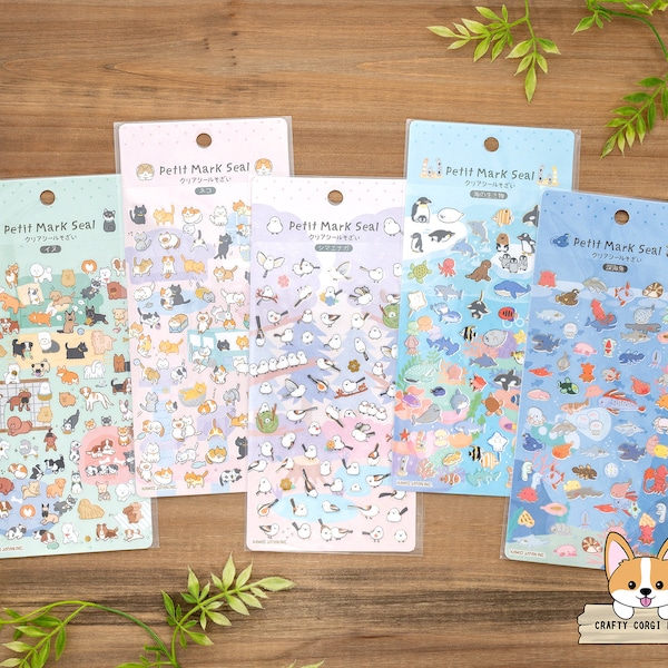 1 or 2 or 3 pc set | Kamio | PETITE MARK Gold Foil Clear Stickers | Dog - Cat - Bird (Shima Enaga) - Deep Sea Fish - Sea Creatures