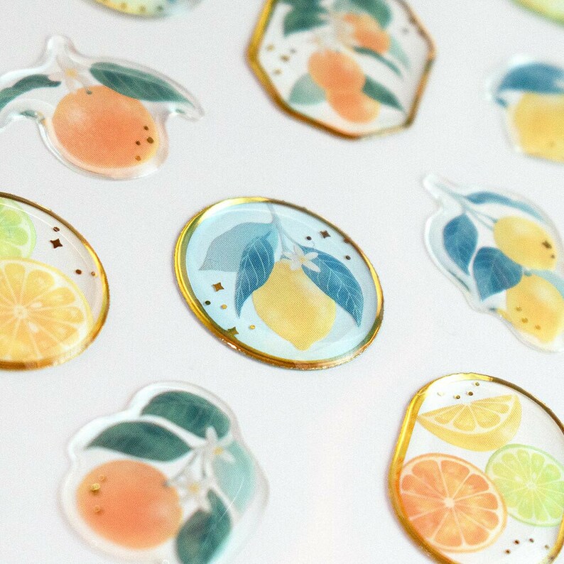 May include: A set of clear stickers featuring various citrus fruits, including lemons, limes, and oranges. The stickers have a watercolor-like design with gold accents and are perfect for adding a touch of whimsy to planners, journals, or other craft projects.