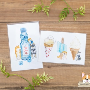 1 feuille | Active x Natsuka Murata | Shiba Inu & Delicious Summer Cartes postales | Ramune - Crème glacée