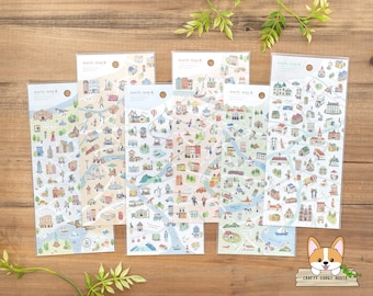 1 sheet | Mind Wave | Machi (Town) Map Washi Stickers | USA - UK - France - Italy - Switzerland - Germany