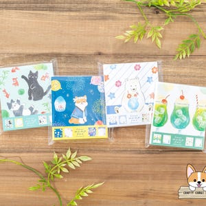 100 hojas / Furukawashiko / Bloc de notas con diseño VERANO 4 / Gato y pez dorado - Shiba Inu y Matsuri - Oso polar y playa - Refresco de crema con gas