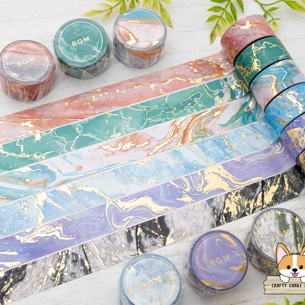 1 or 2 pc set | 20mm | BGM | Marble Stone Texture Gold Foil Washi Tape | Champagne Red - Sea Green - Colorful - Sky Blue - Violet - Gray