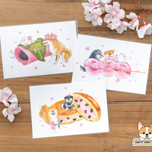 1 feuille | Active x Natsuka Murata | Shiba Inu & Delicious Spring Cartes postales | Sakura Mochi - Sakura Dango - Sakura Dorayaki