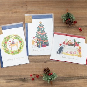 1 kaart 1 envelop | Actief x Natsuka Murata | Shiba Inu- en kerstwenskaarten | Kerstkrans - kerstboom - kersttaart